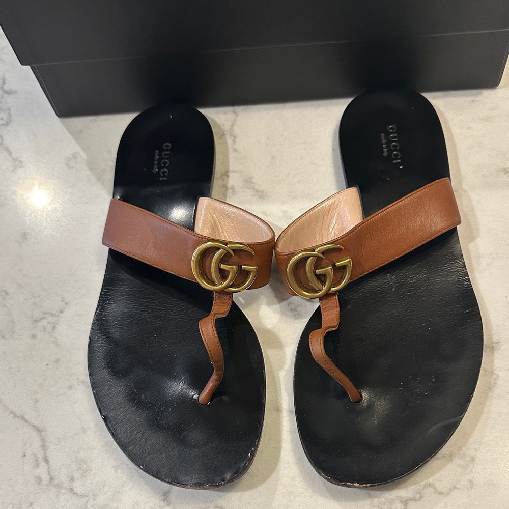 Gucci Tan Sandals with Gold Emblem